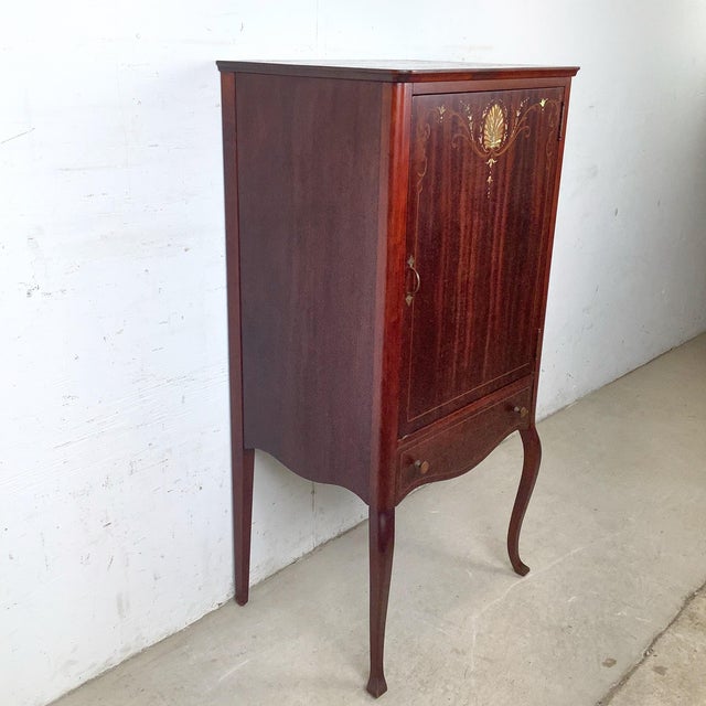 Early 20th Century Edwardian Style Mahogany Music Cabinet — Marquetry Inlay, Cabriole Legs For Sale - Image 5 of 12