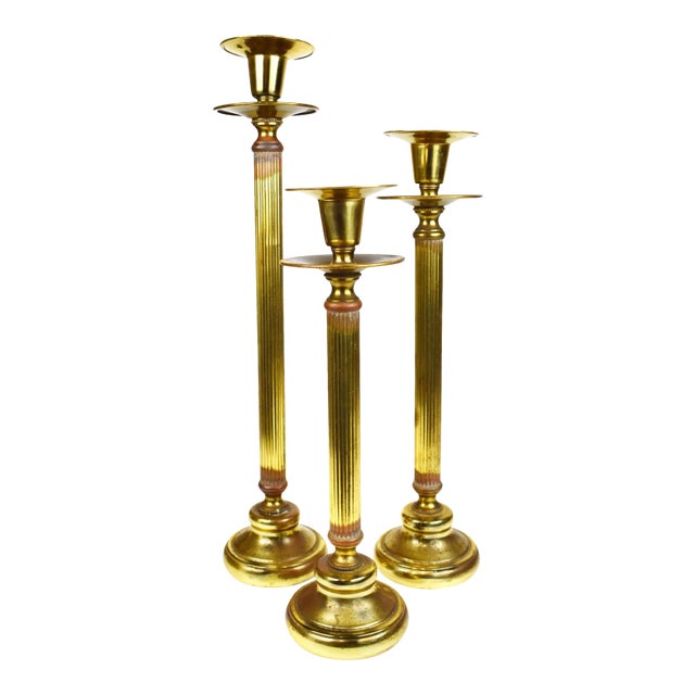 Antique Brass Candle Stick Holders - Set of 3 For Sale