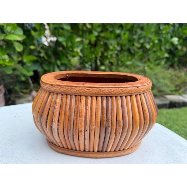 Vintage Rattan Cachepot With Decorative Wood Trim For Sale - Image 4 of 12