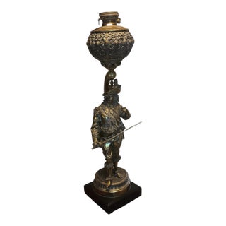 Antique Victorian 31" Figural Cast Metal Musketeer Swordsman Kero Oil Parlor Table Lamp For Sale