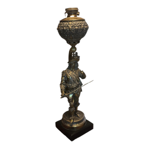 Antique Victorian 31" Figural Cast Metal Musketeer Swordsman Kero Oil Parlor Table Lamp