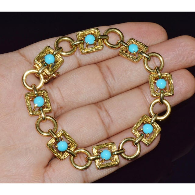 Vintage Mid-Century Solid 18k Gold & Natural Persian Turquoise Bracelet For Sale - Image 9 of 11