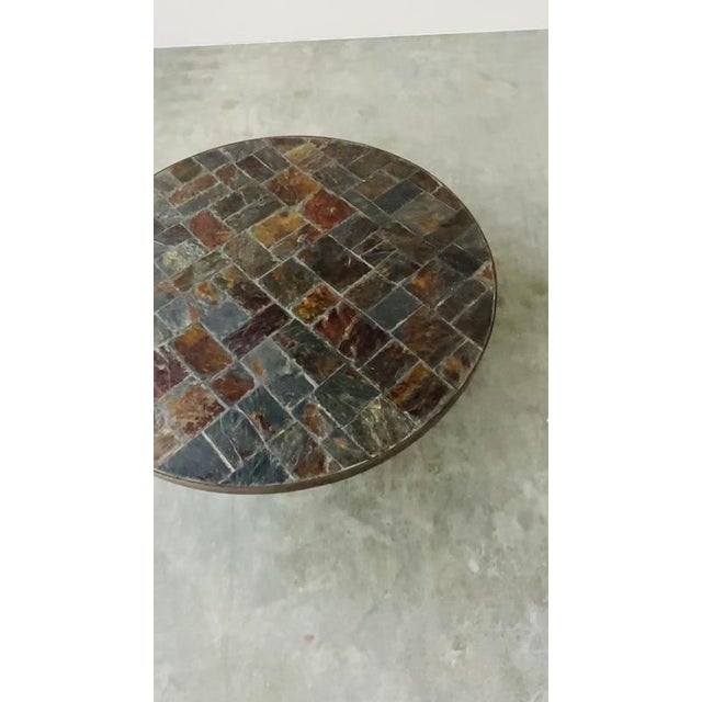 Round Slate Stone Mosaic Coffee Table with Sculptural Metal Base, 1970s For Sale - Image 9 of 10