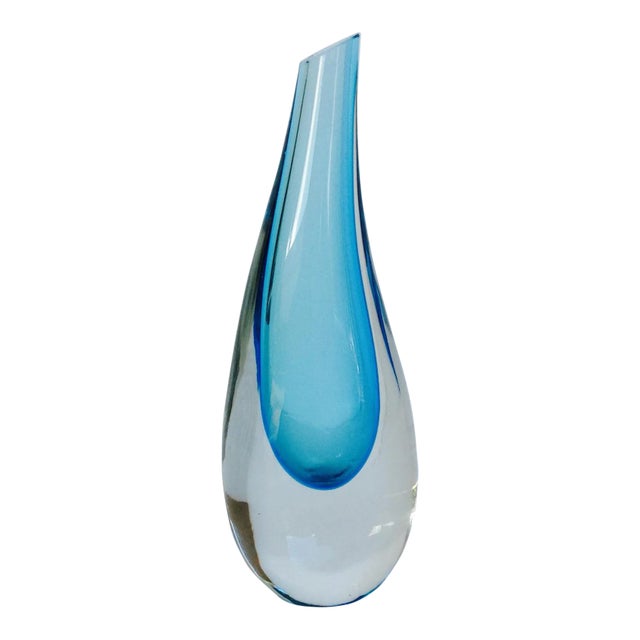 Vintage C.1970's Italian Hand-Blown Sinuous Murano by Alessandro Mandruzzato - Cerulean Blue & Clear Undulating Vase For Sale