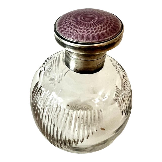 Crystal Perfume Bottle with Sterling Lidded Guilloché Lavender Enamel For Sale