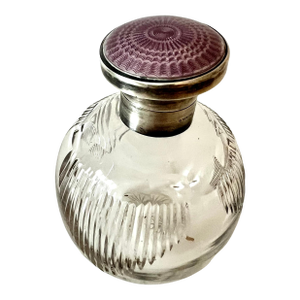 Crystal Perfume Bottle with Sterling Lidded Guilloché Lavender Enamel