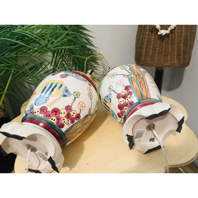 Beige Vintage Hand Painted Coastal Fish Lamps - A Pair For Sale - Image 8 of 8