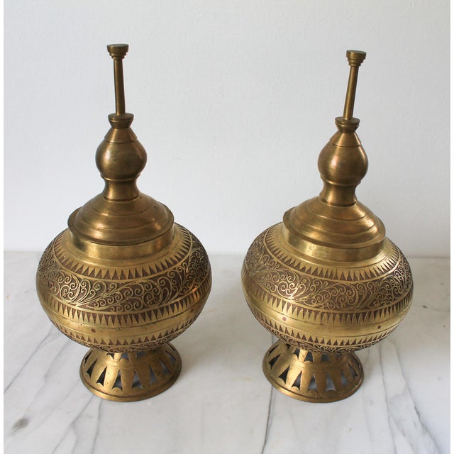 Hollywood Regency Vintage Etched Brass Asian Philippine Wedding Vessels or Urns - A Pair For Sale - Image 3 of 15
