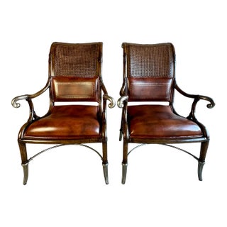 Early 21st Century Maitland Smith Regency Style Rattan, Cane and Leather Arm Chairs - a Pair For Sale
