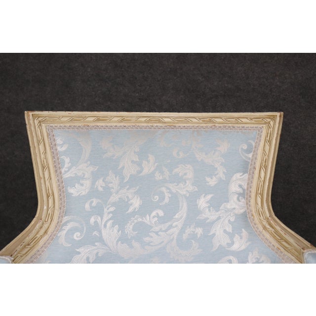 Pair French Louis XV Style Blue Upholstered Bergères Chairs Attr to Jansen For Sale - Image 9 of 17
