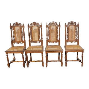 Antique Hand Carved Jacobean Oak and Cane Dining Chairs, Circa 1910s - a Set