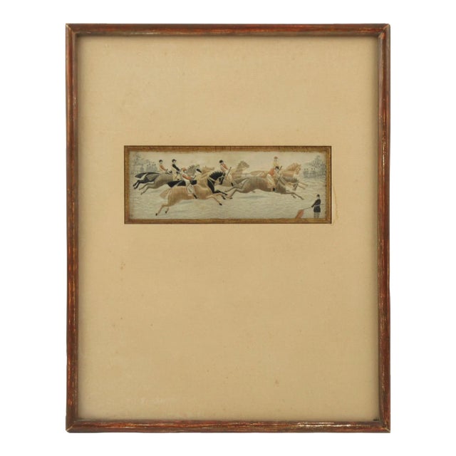 Silk Embroidery Art Work Horse Race, France 19th Century, Framed For Sale