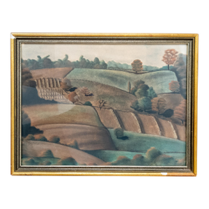 Mid-Century Modernist Oil Pastel Landscape Painting, Signed Bower