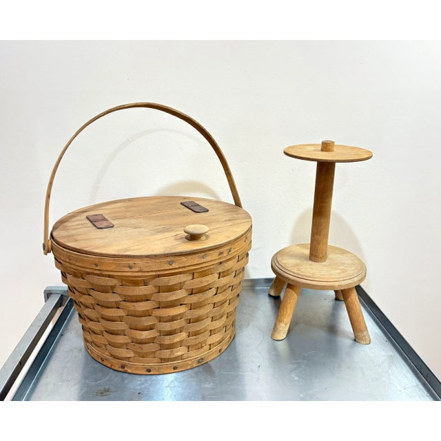 1940s Longaberger Hinge-Top Sewing Basket on Stand For Sale - Image 5 of 5