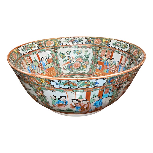 Large 19th Century Chinese Export Rose Medallion Porcelain Bowl For Sale
