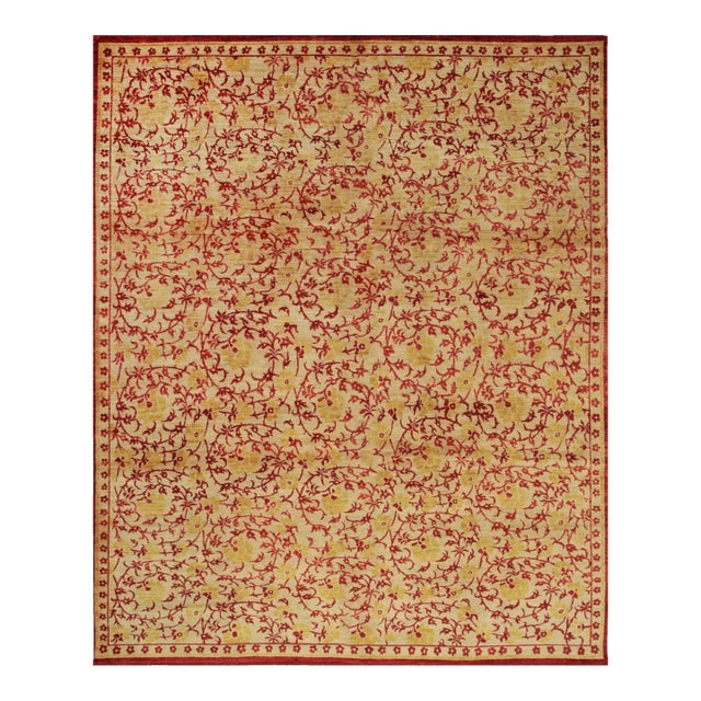 10x14 Celia Unique Ivory Floral Guard Stripe Modern Hand Knotted Afghan Wool Rug For Sale