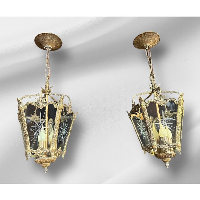 Brass 1920s Rococo Lanterns Pendant Lights With Etched Glass - a Pair For Sale - Image 8 of 15