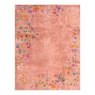 1930s Orange-Peach Floral Modern Antique Chinese Art Deco Rug Handknotted Carpet For Sale