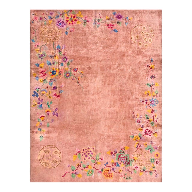 1930s Orange-Peach Floral Modern Antique Chinese Art Deco Rug Handknotted Carpet For Sale