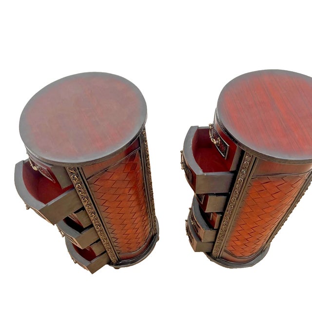 Wood 1980s Vintage Pair Round Nightstands Chest of Drawers Carved Six Felt Lined Drawers For Sale - Image 7 of 11