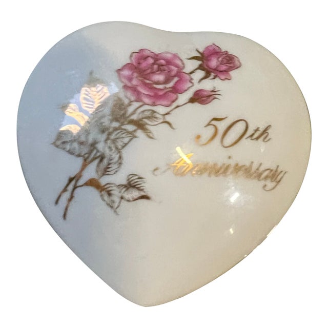 1970s Small Ceramic 50th Anniversary Heart Shaped Box For Sale