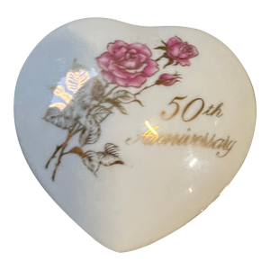 1970s Small Ceramic 50th Anniversary Heart Shaped Box