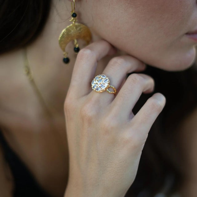 Radiant Cluster Swarovski Crystal Gold Adjustable Ring, Size 8 For Sale - Image 10 of 11