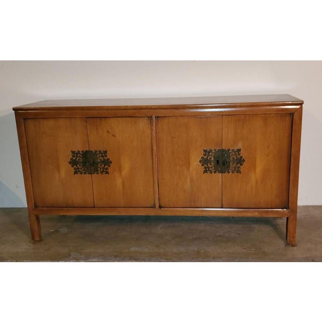 1960s Vintage Mid-Century Maple Buffet Credenza With Ornate Faux Brass Key Knobs. Vintage Mid Century Modern Maple...