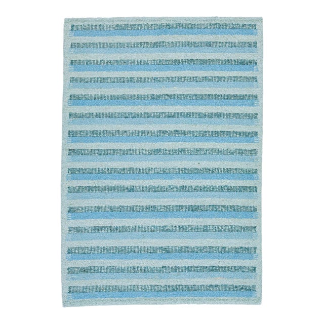 Modern Striped Swedish Style Wool Rug Handmade With Light Blue and Green Field For Sale