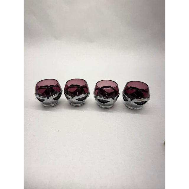 Vintage Mid-Century Cranberry Glass Decanter & 4 Cordial Glasses Set With Silver Overlay For Sale - Image 6 of 11