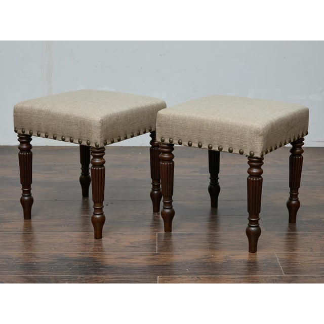 Brown Pair of 19th Century English Oak Stools with Custom Linen Upholstery For Sale - Image 8 of 11