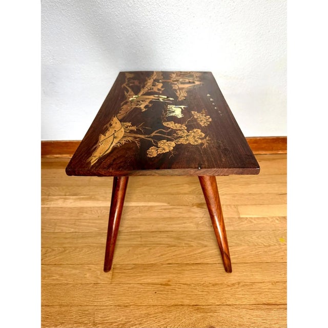 1950s 1950's Indian Rosewood & Bone Inlay Coffee Table Bench Removable Legs Serving Tray For Sale - Image 5 of 17