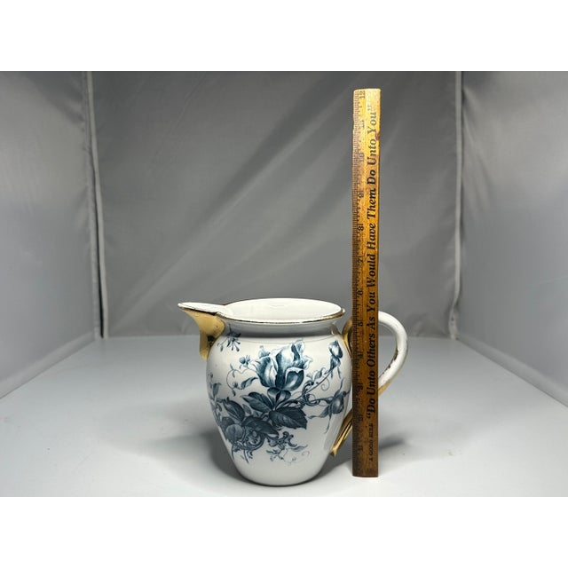 Antique Blue Floral Transferware Pitcher - Gold Gilt Accents c. 1904 For Sale - Image 9 of 10