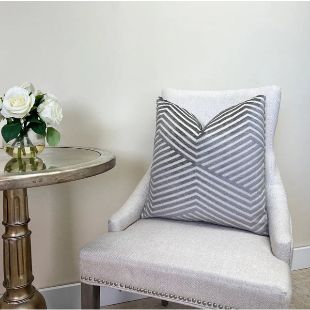 Gray Alternative Stripe Velvet Throw Pillow With Feather Down Insert For Sale In New York - Image 6 of 7