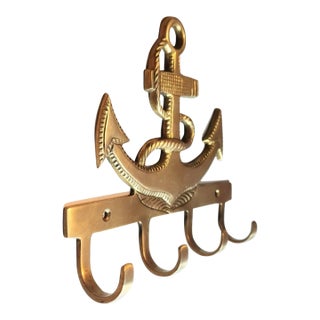 Brass Nautical Anchor Vintage Key/Pet Leash Rack With 4 Hooks For Sale