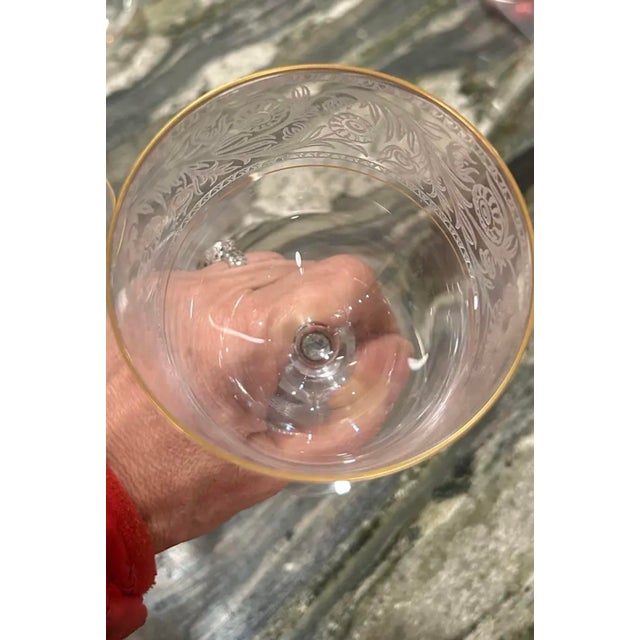 1970s Pair of Fostoria Etched Glasses With 24k Gold Trim at Rim! For Sale In Sacramento - Image 6 of 6