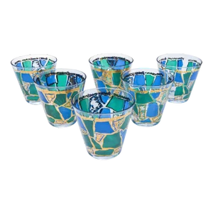 Vintage Blue & Green Golden-Patterned Culver Rocks Glasses - Set of 6