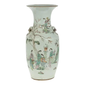 Guangxu Era Circa 1880s Chinese Export Large Famille Rose Vase With Image of Maidens in Fanciful Garden and Foo Dog Mask Handles
