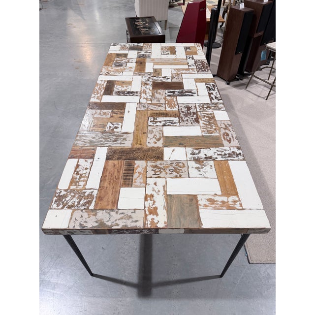Mid-Century Modern Interlude Home Reclaimed Wood Mosaic Dining Table With Iron Hairpin Legs For Sale - Image 3 of 9