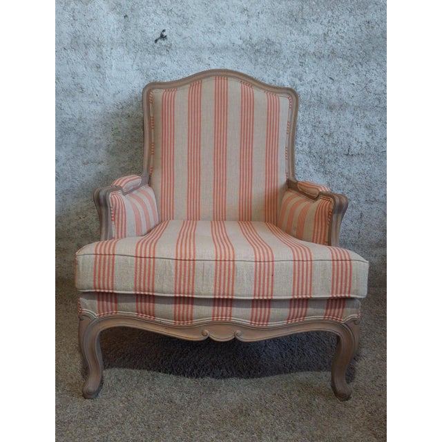 Louis XV Bergère Chair with Cerused Finish in Coral Striped Linen, 1890s For Sale - Image 6 of 6