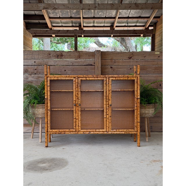 Vintage Tortoise Bamboo Chicken Wire Sideboard Cabinet With Decoupaged Appliqué Panels For Sale - Image 11 of 12