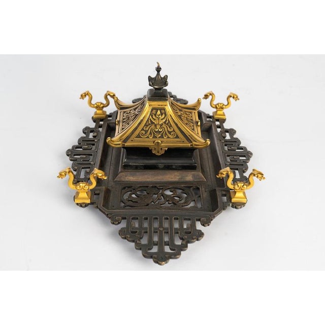 Napoleon III Patinated and Gilded Bronze Inkstand, 1800s For Sale - Image 6 of 9