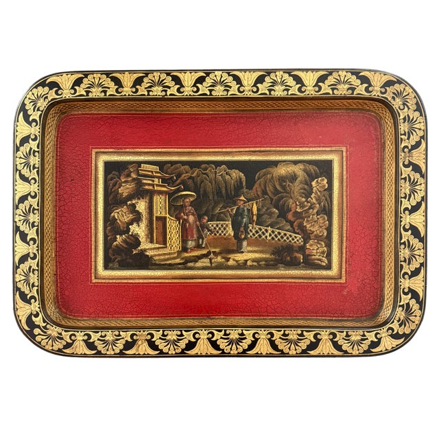This English Regency papier mâché tray brings a striking chinoiserie presence to any interior. The lush garden scene with...