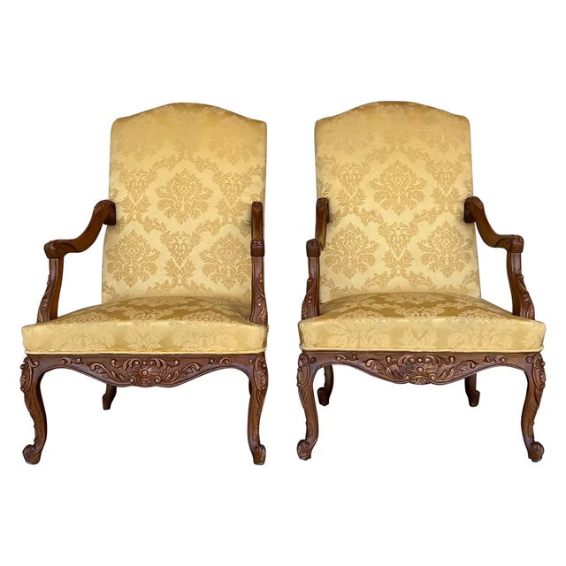 Louis XVI Style Spanish Pair of High Back Carved Walnut Armchairs, 1900s For Sale - Image 10 of 10