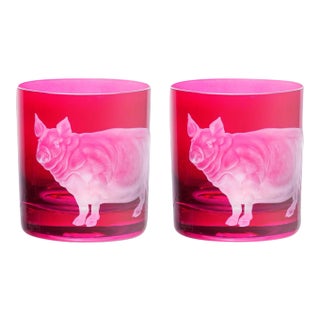 Farm Pig Double Old Fashioned Glasses Fuscia - a Pair For Sale
