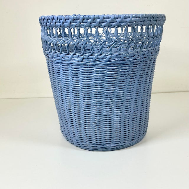 Mid-Century Modern Mid-Century Boho Chic Coastal French Blue Wicker Wastebasket. For Sale - Image 3 of 11
