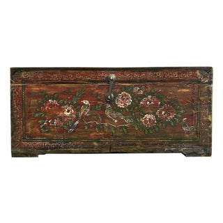Vintage Rustic Red Brown Floral Bird Rectangular Wood Trunk Chest Table For Sale