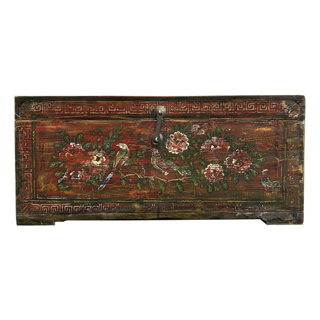 Vintage Rustic Red Brown Floral Bird Rectangular Wood Trunk Chest Table For Sale
