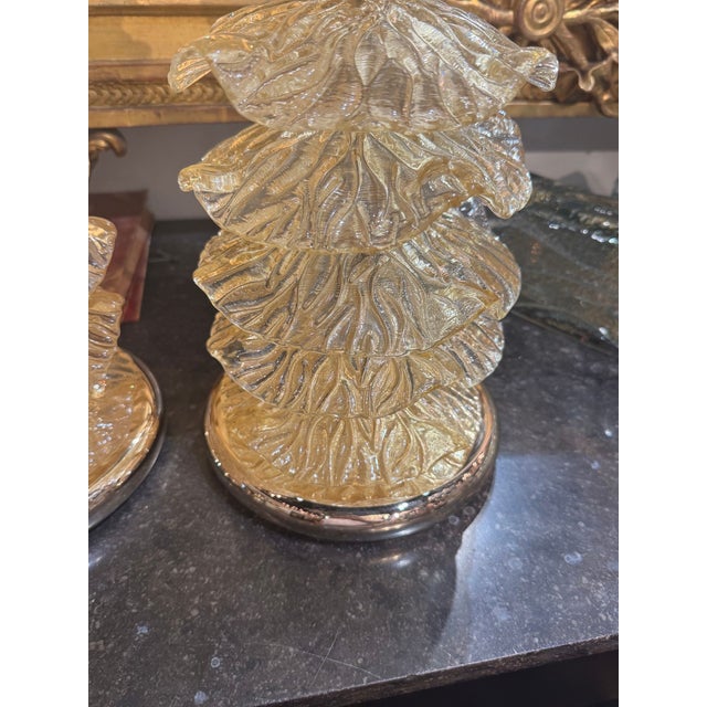Modern Pair of Murano Gold Glass Ruffle Lamps For Sale - Image 3 of 5