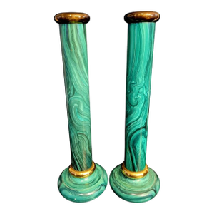 1980"s Vintage Huge Dolbi Cashier Fornasetti Style Faux Painted Malachite Brass Candle Stick Holder- A Pair